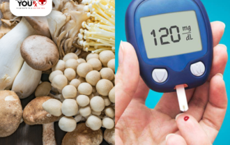 Fresh mushrooms and a hand using a glucometer showing 120 mg/dL blood sugar level | Better You Rx