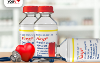 Fiasp insulin aspart vials with red caps, and stethoscope, for diabetes management. | Better You Rx