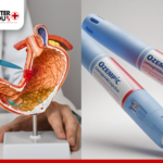 Side-by-side image featuring a doctor pointing at a detailed anatomical model of the human stomach and two Ozempic (semaglutide) injection pens | Better You Rx