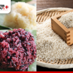 Split image showing cooked black glutinous rice and white sticky rice on the left, alongside uncooked white glutinous rice grains in a wooden container on the right | Better You Rx