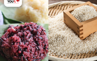 Split image showing cooked black glutinous rice and white sticky rice on the left, alongside uncooked white glutinous rice grains in a wooden container on the right | Better You Rx