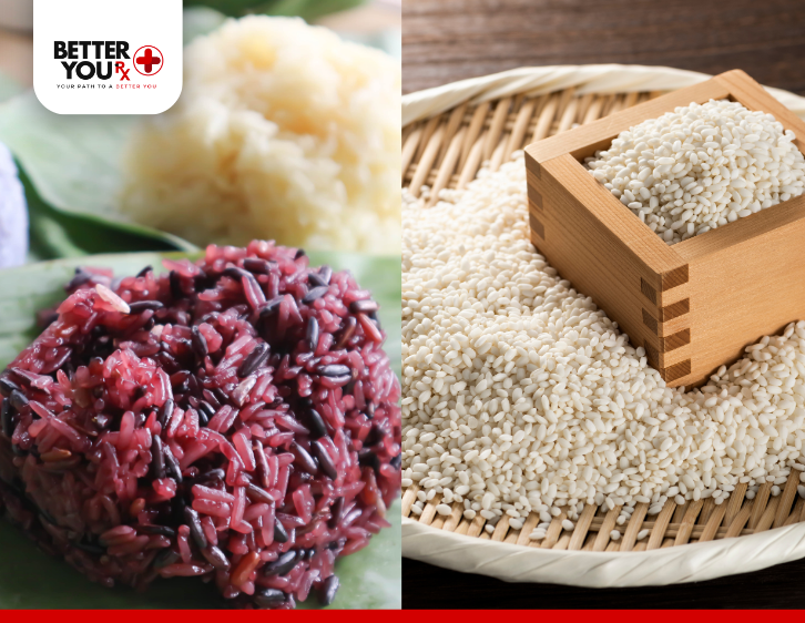 Split image showing cooked black glutinous rice and white sticky rice on the left, alongside uncooked white glutinous rice grains in a wooden container on the right | Better You Rx