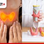 Illustration of a glowing thyroid gland on a woman's neck alongside a doctor holding a detailed thyroid gland model with anatomical structures | Better You Rx