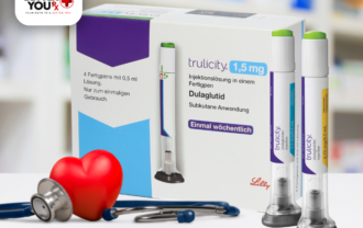 Trulicity (dulaglutide) 1.5 mg injection pens for subcutaneous use, displayed with packaging, alongside a red heart model and stethoscope | Better You Rx