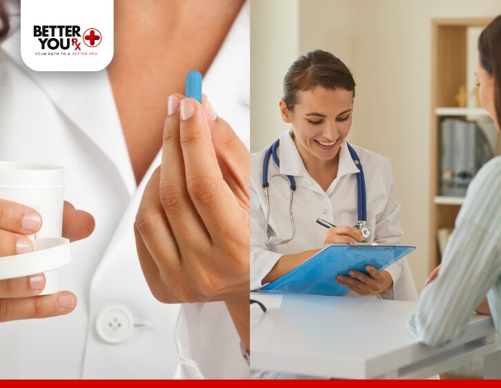 Doctor holding a blue pill, writing on a clipboard during a patient consultation | Better You Rx