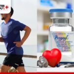 Split image featuring a man jogging outdoors in athletic wear on the left, and a vial of Pregnyl (chorionic gonadotropin for injection) with a red heart model and stethoscope on the right | Better You Rx