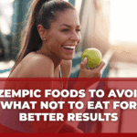 banner for the blog titled "Ozempic Foods to Avoid_ What Not to Eat for Better Results" with a woman holding an apple