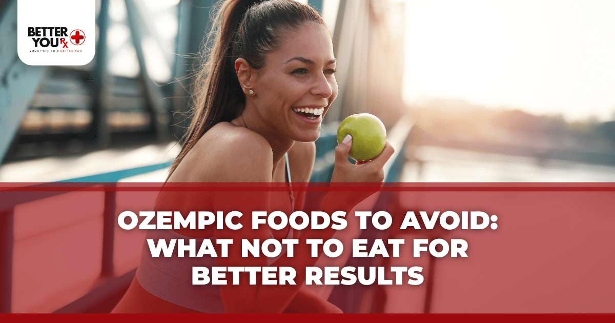 banner for the blog titled "Ozempic Foods to Avoid_ What Not to Eat for Better Results" with a woman holding an apple