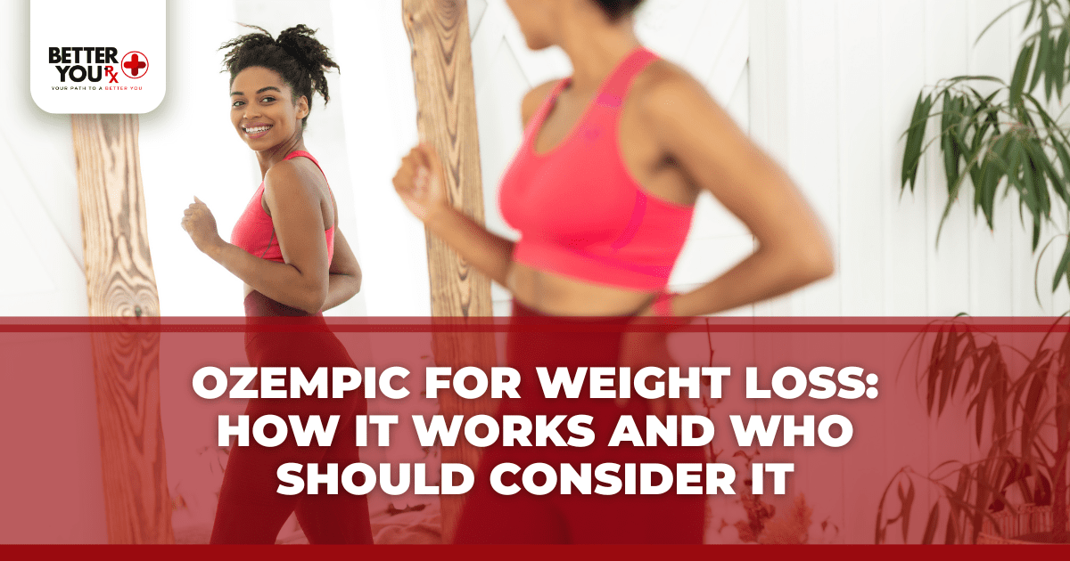blog banner titled "Ozempic for Weight Loss_ How It Works and Who Should Consider It" with a fit girl looking at the mirror