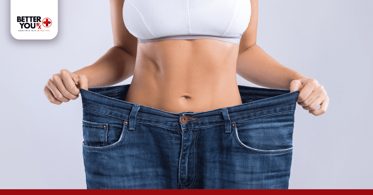 torso of a woman showing her old jeans for wegovy for weight loss