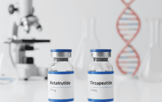 A clean infographic-style chart displaying weight loss percentages achieved with Retatrutide vs Tirzepatide over time, using different colored bars or lines on a simple graph